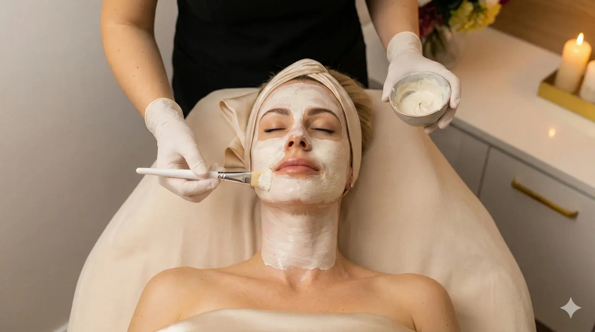 A photograph from above shows a blonde woman, with her hair in a beige headwrap, lying on a spa bed with her eyes closed. An esthetician, wearing white gloves, is using a brush to apply a thick, white clay facial mask from a bowl onto the woman's face and neck. The background includes a candle and flowers on a white cabinet, consistent with the reference image.