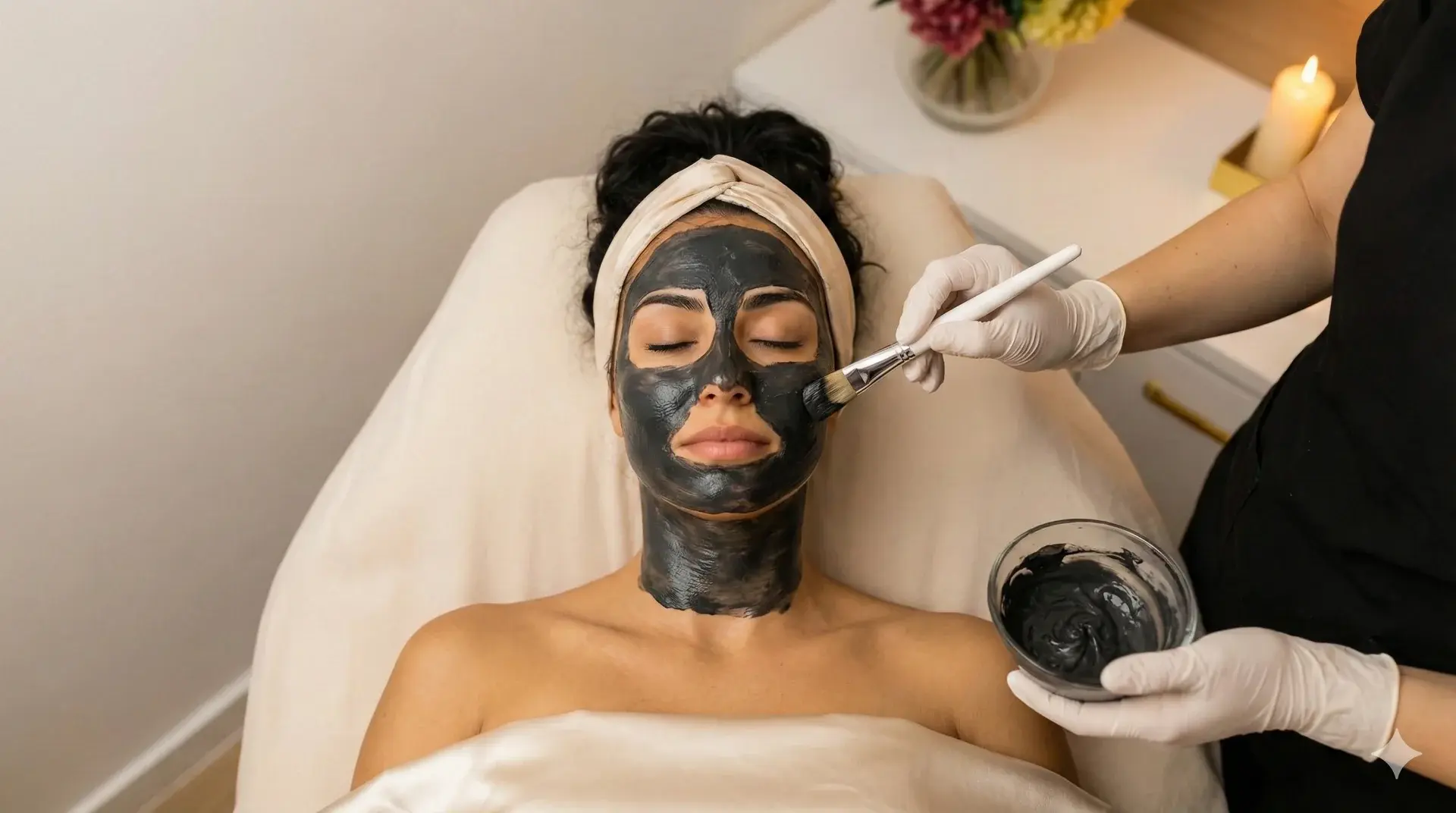 A top-down photograph shows a woman with dark, curly hair in a beige headwrap, lying on a spa bed with her eyes closed. Her face and neck are covered in a thick, black charcoal mask. An esthetician, wearing white gloves, is using a white brush to apply more of the dark mask to her cheek, holding a small bowl of the product in the other hand. In the background, out of focus, there is a white cabinet with a lit candle and a small vase of flowers.