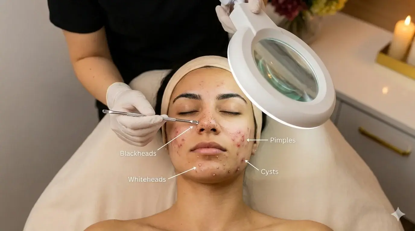 A top-down photograph showing an esthetician examining a client's face using a magnifying lamp and a comedone extractor tool in a spa setting. The client's skin has visible acne, and text labels with arrows identify specific conditions