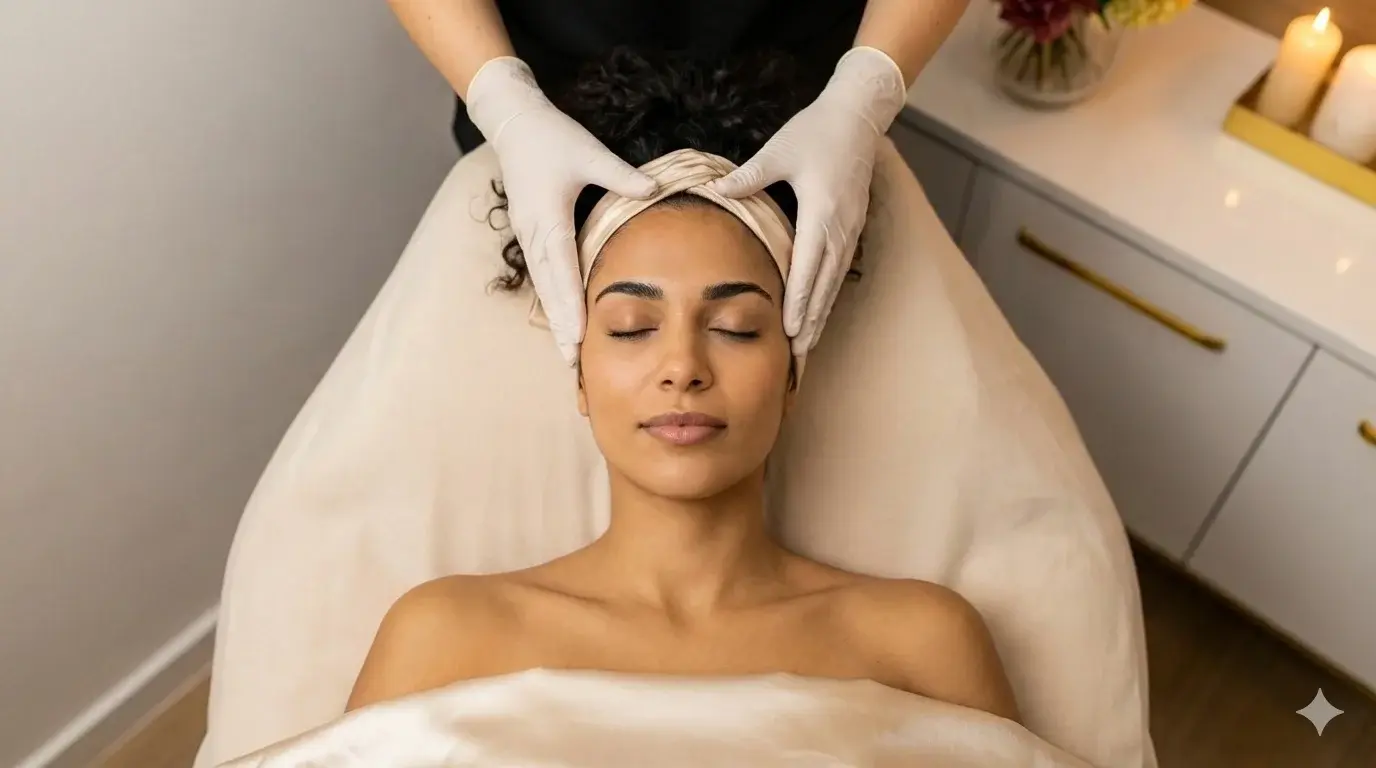 Top-down photograph of a woman with dark, curly hair and a headwrap lying relaxed on a spa bed with her eyes closed. A therapist's gloved hands are performing a gentle scalp massage.