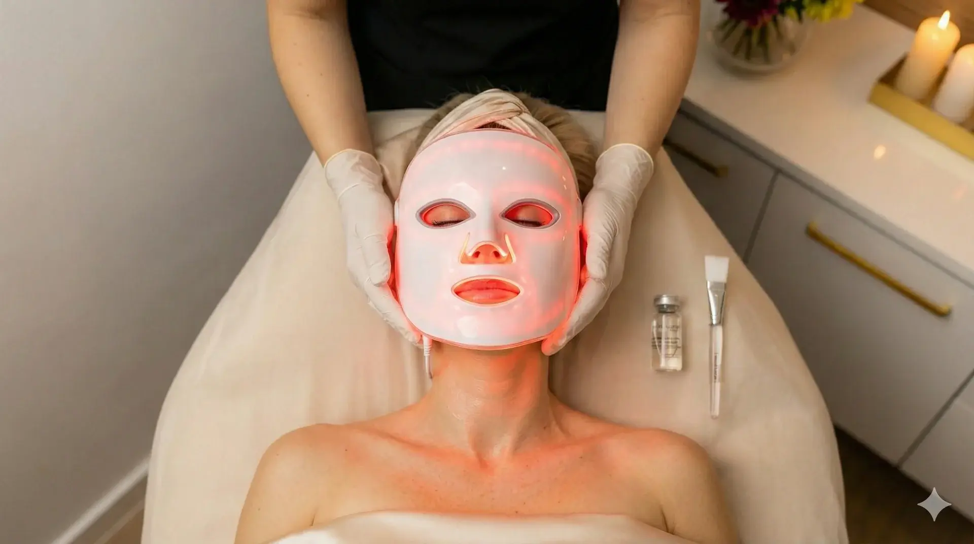 A top-down view of a woman lying on a spa treatment bed, wearing a white LED light therapy mask that emits red light onto her face. An aesthetician's gloved hands are gently holding the sides of the mask.