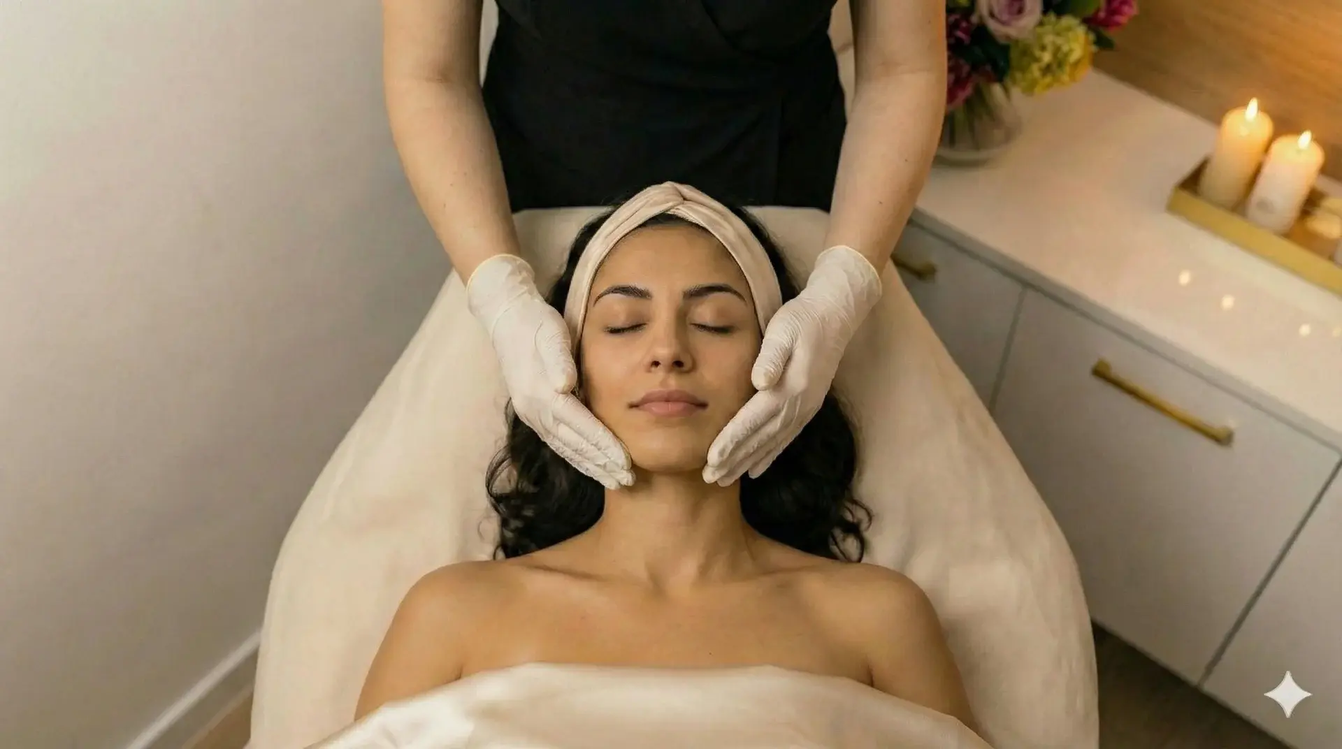 A top-down photograph shows a woman with dark hair and a beige headband lying with her eyes closed on a spa bed, receiving a facial massage from an esthetician wearing white gloves. The background features a white cabinet with lit candles and a floral arrangement.