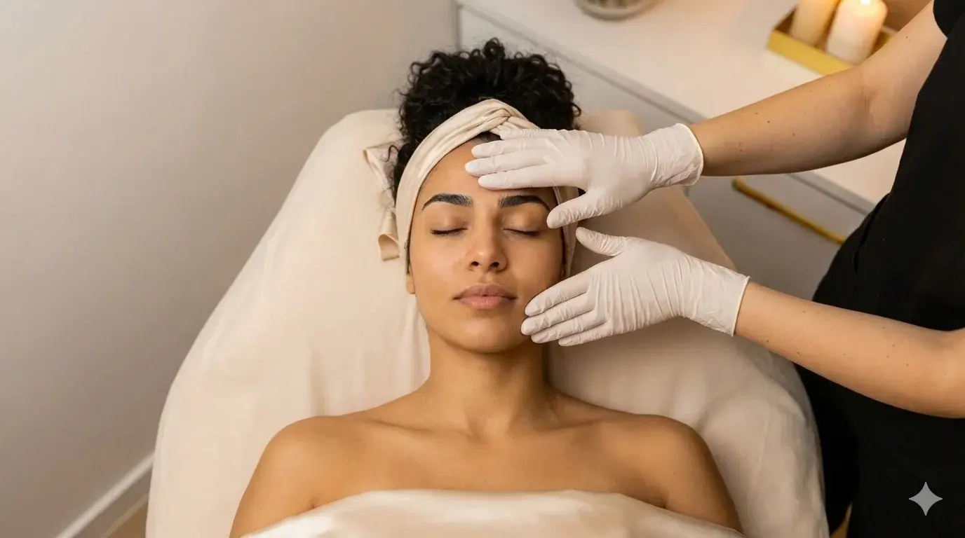 Top-down photograph of a woman with dark, curly hair and a headwrap, lying with her eyes closed on a spa bed, while a therapist in white gloves performs a calming facial massage.