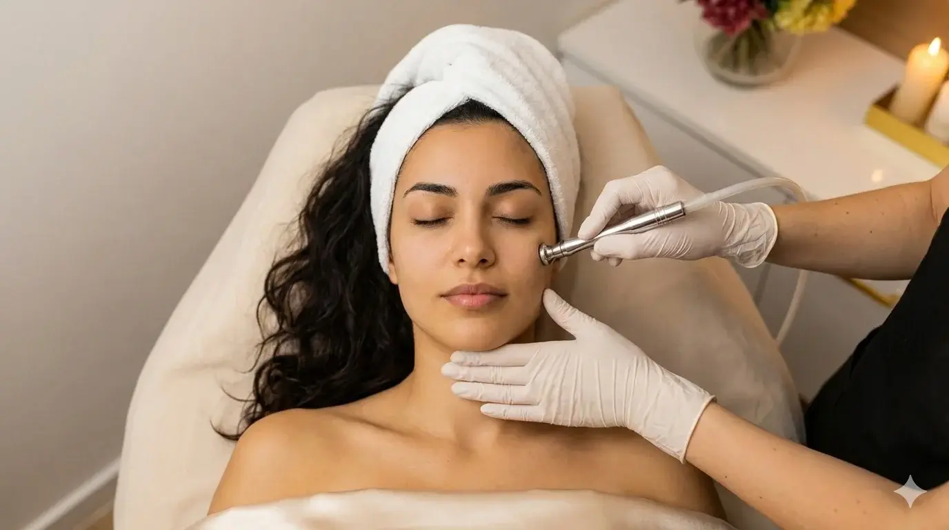 A top-down photograph shows a woman with dark hair wrapped in a white towel turban receiving a microdermabrasion facial at a spa. She lies on a bed covered with a beige silk wrap, eyes closed, while an esthetician's gloved hands use a metal wand to exfoliate her cheek.