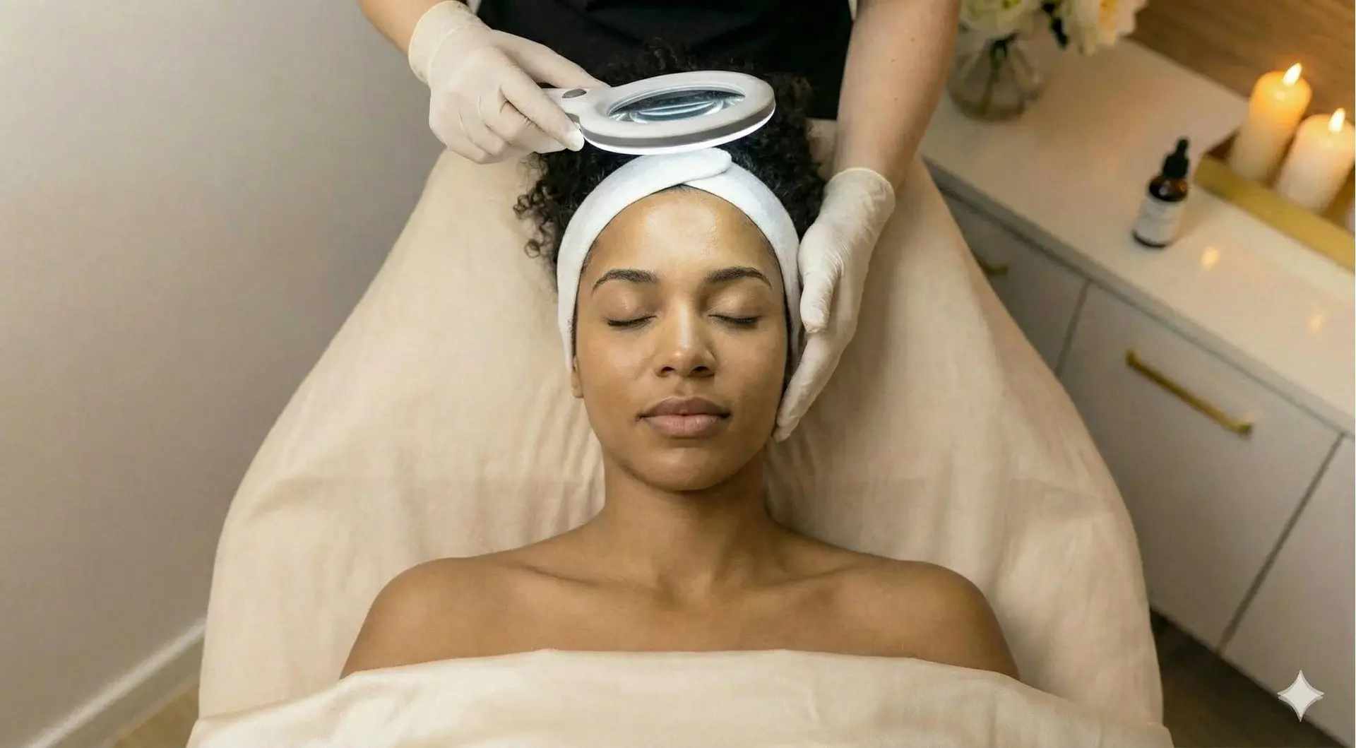 A top-down photograph shows a woman with dark, curly hair and a white headband lying on a spa bed with her eyes closed. An esthetician wearing white gloves is using a handheld magnifying lamp to closely examine her skin. The background features a white cabinet with lit candles and flowers.