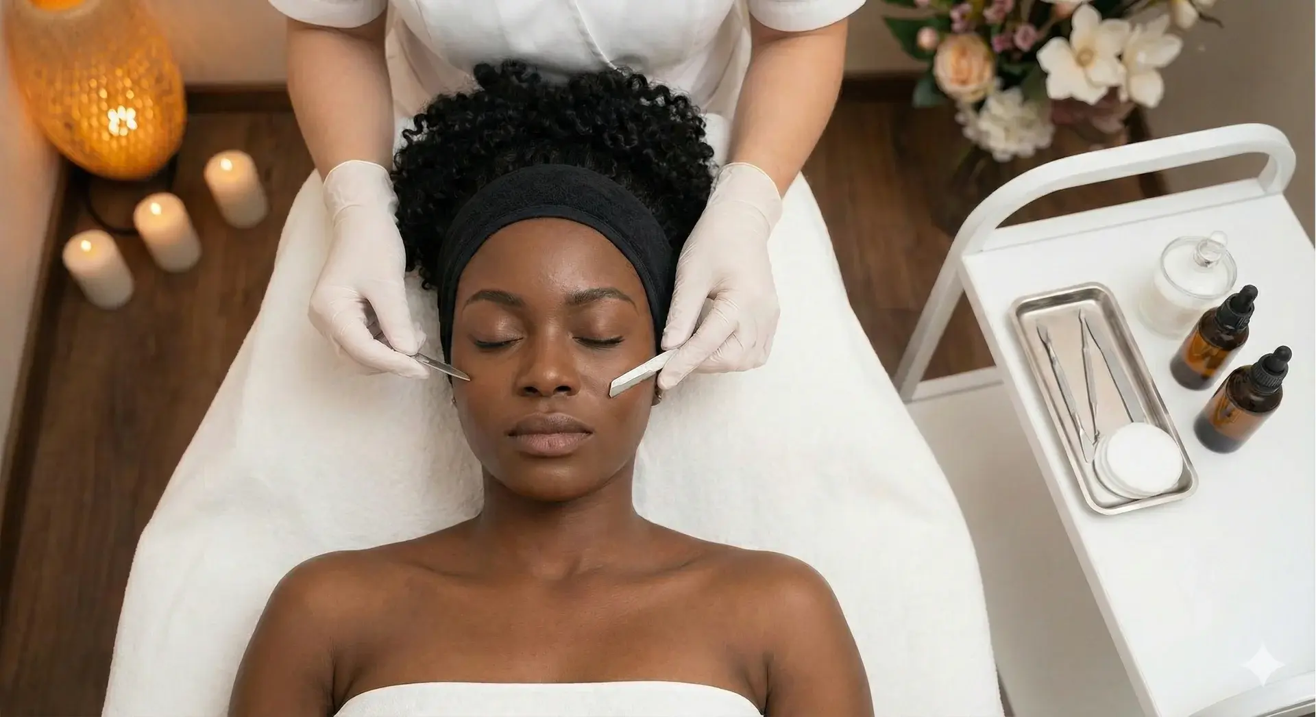 A top-down photograph of a Black woman with dark curly hair and a black headband lying on a spa bed with her eyes closed. An esthetician's gloved hands are using small blades to perform a dermaplaning procedure on her cheek. The background includes a white rolling cart with tools and serums, lit candles, a bamboo lamp, and flowers.