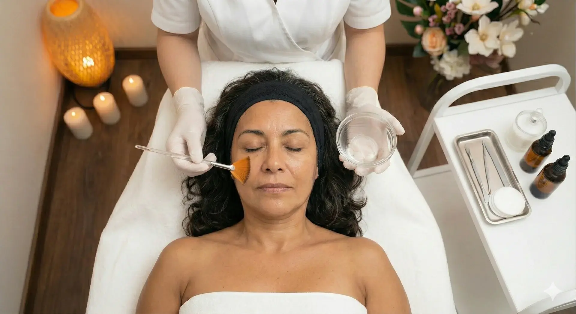 A top-down photograph shows a woman with dark hair and a black headband lying on a spa bed, with an esthetician's gloved hands applying a chemical peel solution to her cheek using a fan brush. The esthetician holds a glass bowl of the solution. In the background, there are lit candles, a bamboo lamp, and a white rolling cart with spa products.