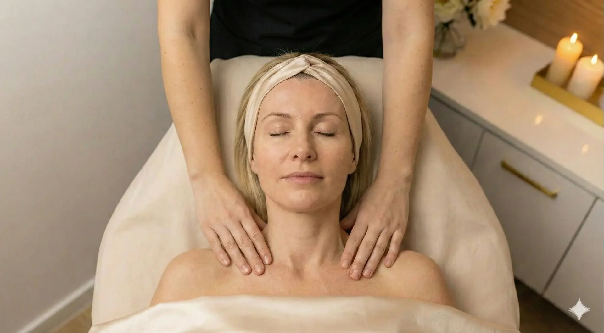 A woman with a beige headband and covered by a beige sheet lies on a massage table with her eyes closed, receiving a shoulder and neck massage from an esthetician. The background features a white cabinet with candles and flowers in a spa setting.