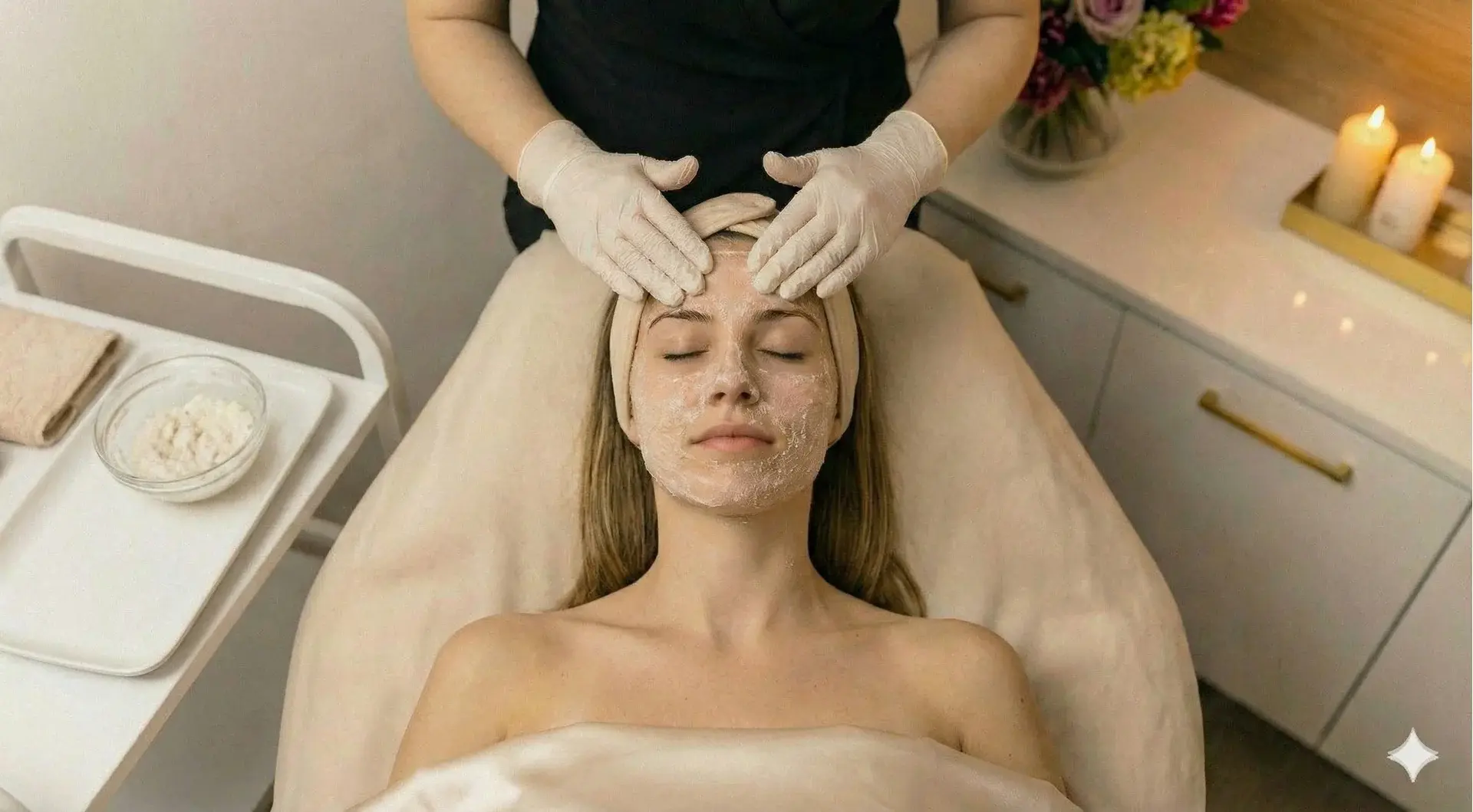 A top-down photograph shows a woman with a white facial mask lying on a spa table, with an aesthetician's gloved hands gently massaging her forehead. The woman has a headband on and is covered with a sheet. In the background, there is a white cabinet with a lit candle and a vase of flowers.