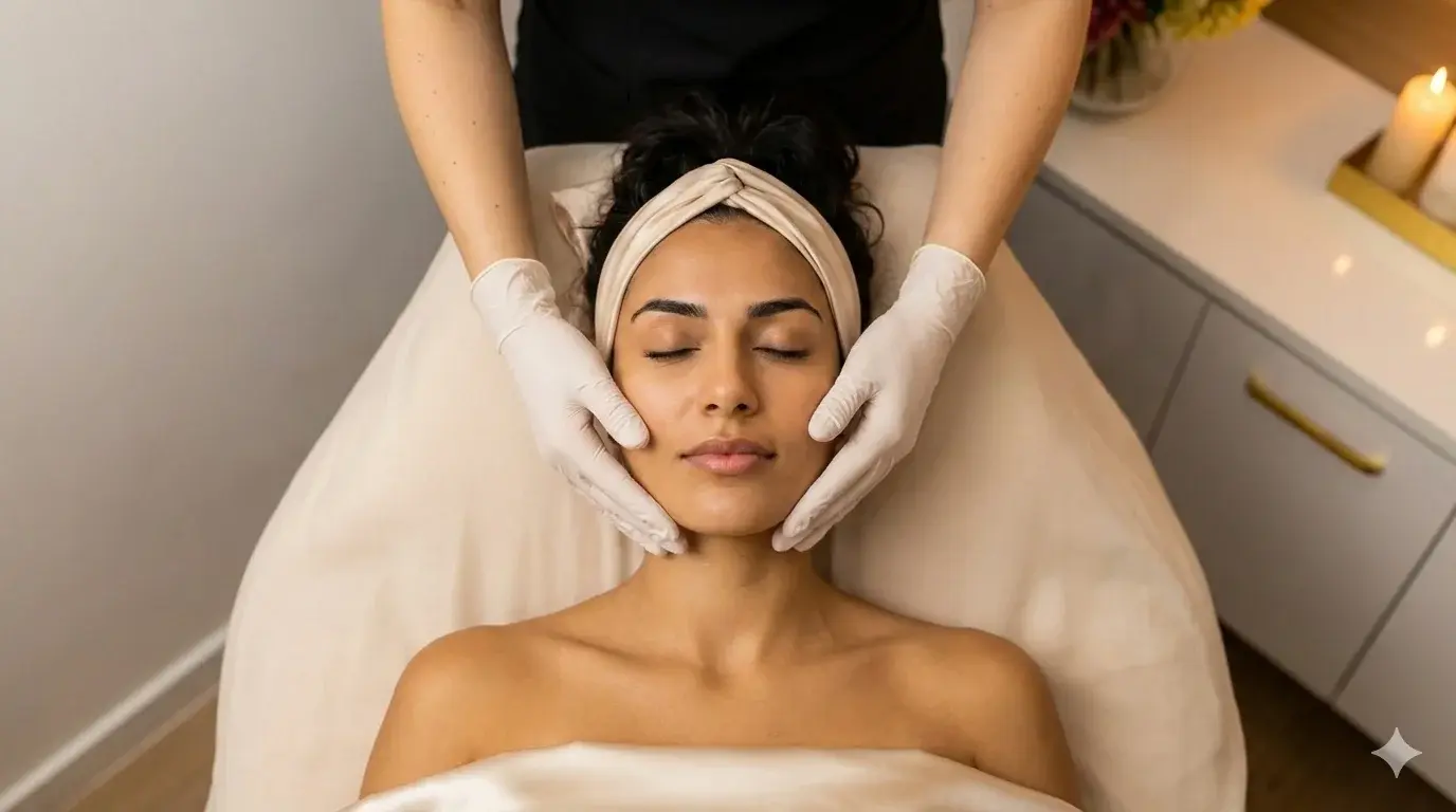 A top-down photograph of a woman with olive skin and dark hair wearing a beige headband, lying relaxed on a spa bed with her eyes closed. An esthetician's white-gloved hands are gently performing a facial massage, cupping her jaw and cheeks. The background features warm lighting, lit candles, and a white cabinet.