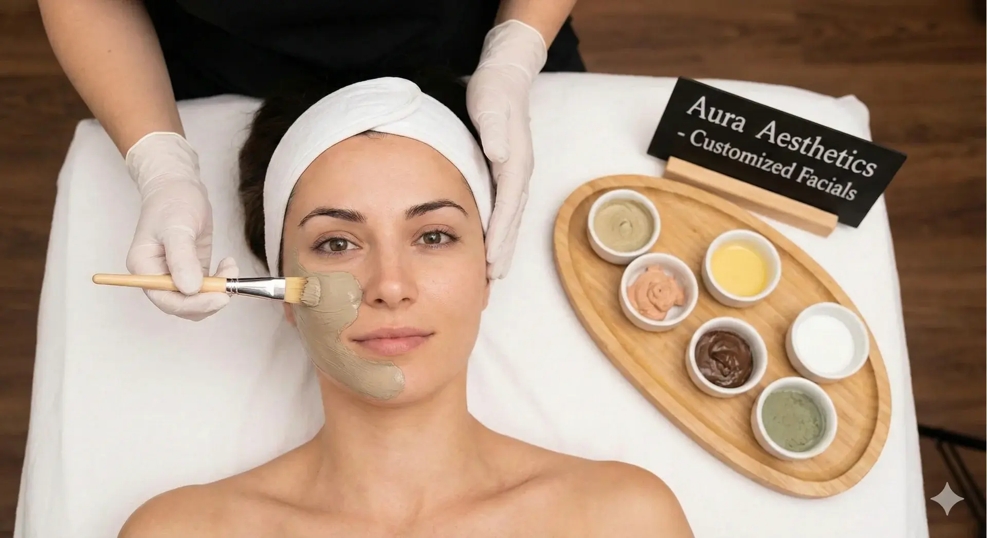 Aura Aesthetics Customized Facial Treatment A top-down photograph shows a woman with a white headband lying on a spa bed. An esthetician wearing white gloves uses a brush to apply a clay mask to her cheek. Next to her is a wooden tray with several bowls of different colored facial products and a black sign with white text.