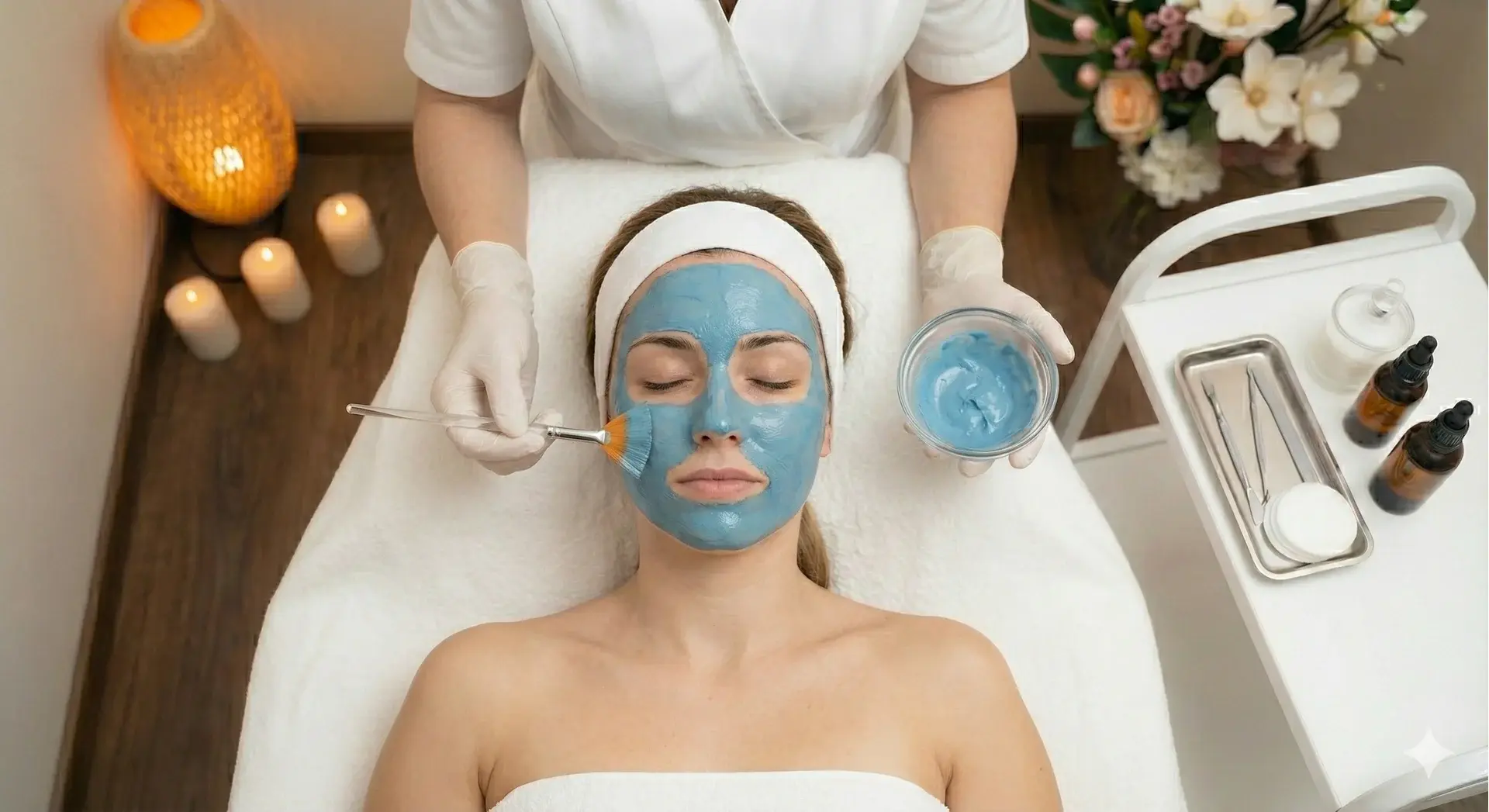 Esthetician Applying Rejuvenating European Blue Facial Mask A top-down photograph shows a woman with a white headband lying on a spa bed, her face covered in a thick blue hydrating mask. An esthetician wearing white gloves uses a fan brush to apply more product from a glass bowl. The background includes lit candles, a bamboo lamp, and a white rolling cart with spa tools and bottles.