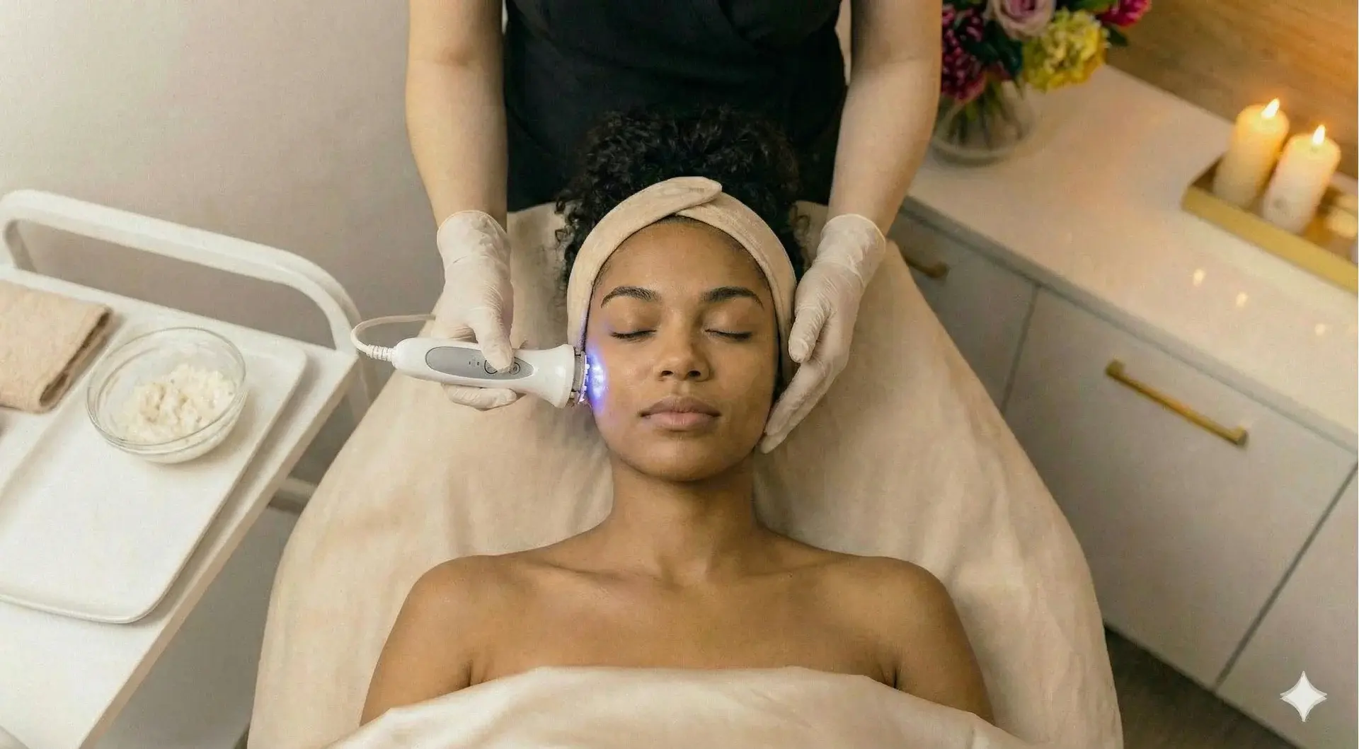 Woman Receiving Blue Light Facial Therapy at Spa A top-down photograph shows a woman with dark, curly hair and a beige headband lying relaxed on a spa bed with her eyes closed. An esthetician wearing white gloves is applying a handheld blue LED light therapy device to the woman's cheek. To the left, a white rolling cart holds a bowl of white scrub and a towel. To the right, a white cabinet features lit candles and floral decorations.