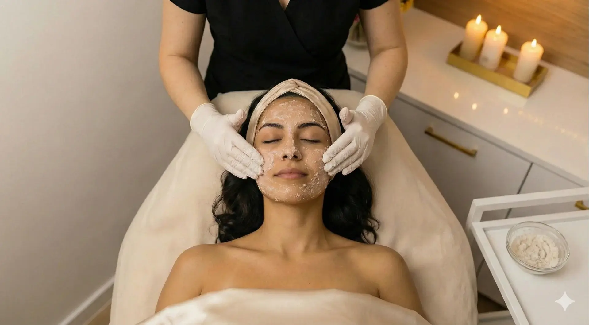 Woman Receiving Exfoliating Facial Scrub at Spa A top-down photograph of a woman with dark hair and a beige headband lying with her eyes closed on a spa bed. An aesthetician's white-gloved hands are gently massaging a white, textured exfoliating scrub onto her cheeks and forehead. A glass bowl holding more of the scrub is visible on a white tray to the side, along with lit candles.