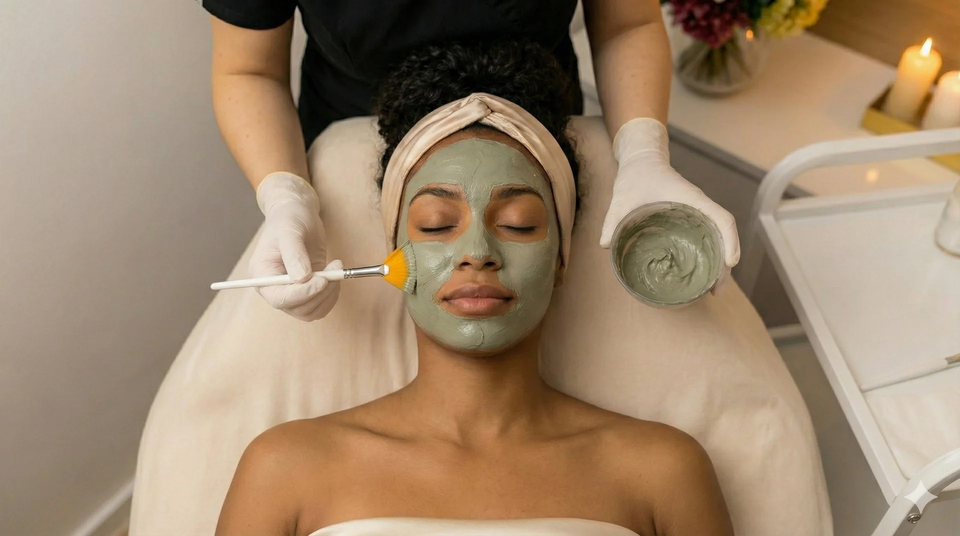 A top-down photograph shows a woman with dark skin and natural hair, wearing a beige headwrap, lying on a treatment table. A gloved aesthetician is applying a green clay facial mask to her face using a brush, while holding a small bowl of the mask. The scene is in a spa setting with warm candlelight and flowers in the background.