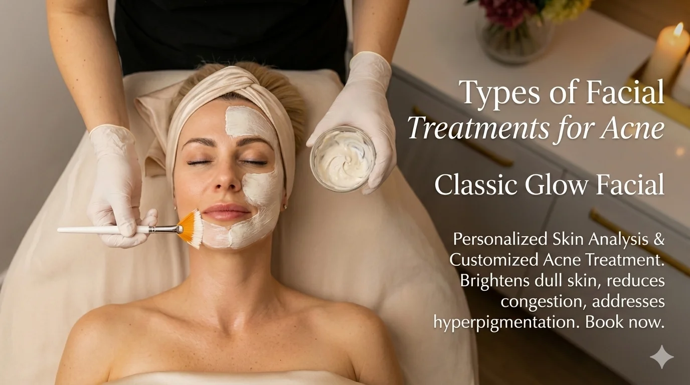 Classic Glow Facial: Customized Acne Treatment Information Top-down view of a spa client lying on a treatment bed while an aesthetician applies a white facial mask with a fan brush