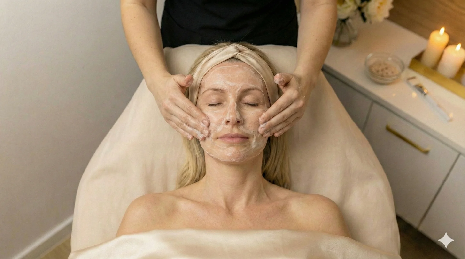 Spa Deep Pore Cleansing Facial Massage Treatment A top-down photograph of a blonde woman with a beige headband lying on a spa bed, with an esthetician's hands gently massaging a white foaming cleanser onto her face. The background features a white cabinet with lit candles, a bowl of scrub, and flowers.